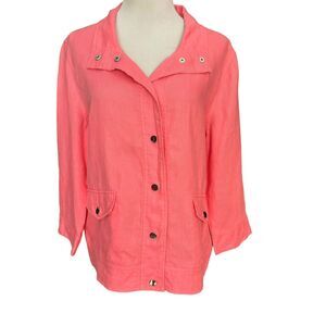 Chico’s Size 1, Medium Linen Snap Button Jacket Coral Pink 3/4 Sleeves Breezy